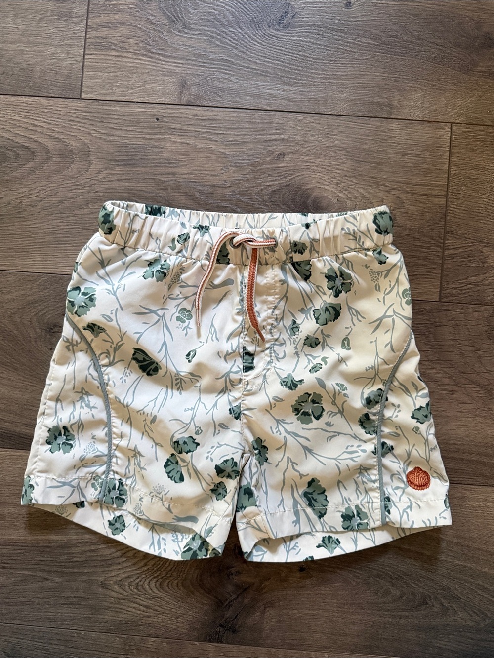 Mini A Ture Cream Swim Trunks with Green Floral Print